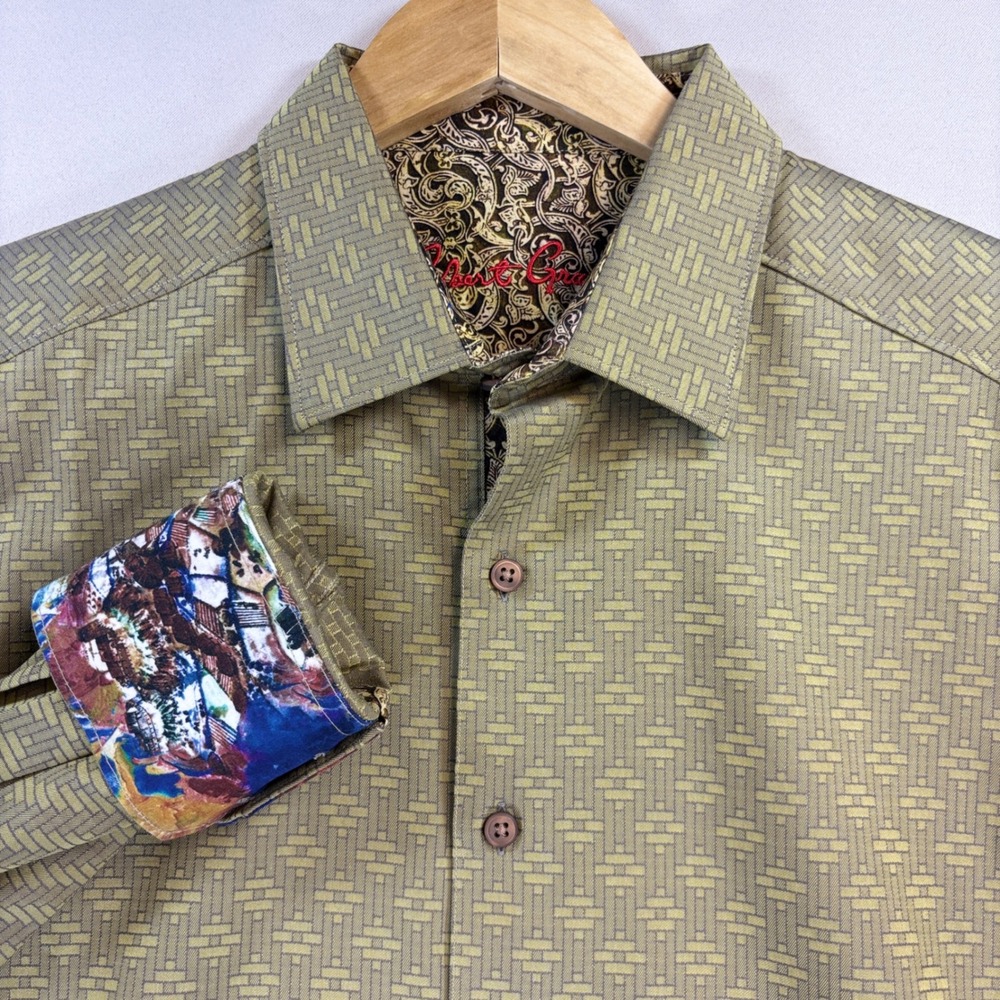 Robert Graham Shirt Mens M Olive Geometric Classic Fit Flip Cuff Battle Scene